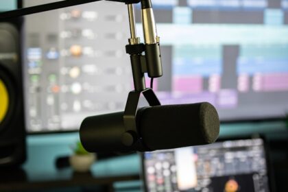 black and gray microphone with stand