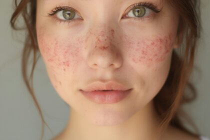 A young woman with freckles on her face